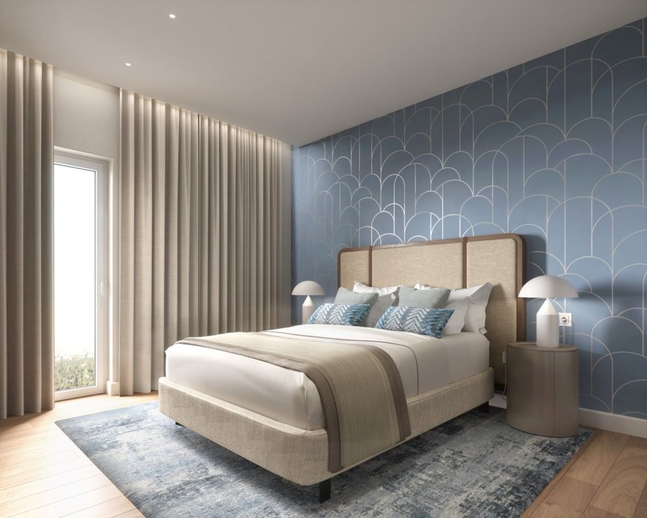 Modern bedroom in an apartment in Porto Montenegro, Tivat, Montenegro: double bed, blue wallpaper, and a panoramic window.
