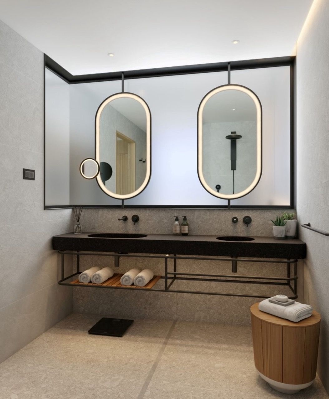 Modern bathroom in an apartment in Porto Montenegro, Tivat, Montenegro: double sink, backlit mirrors.