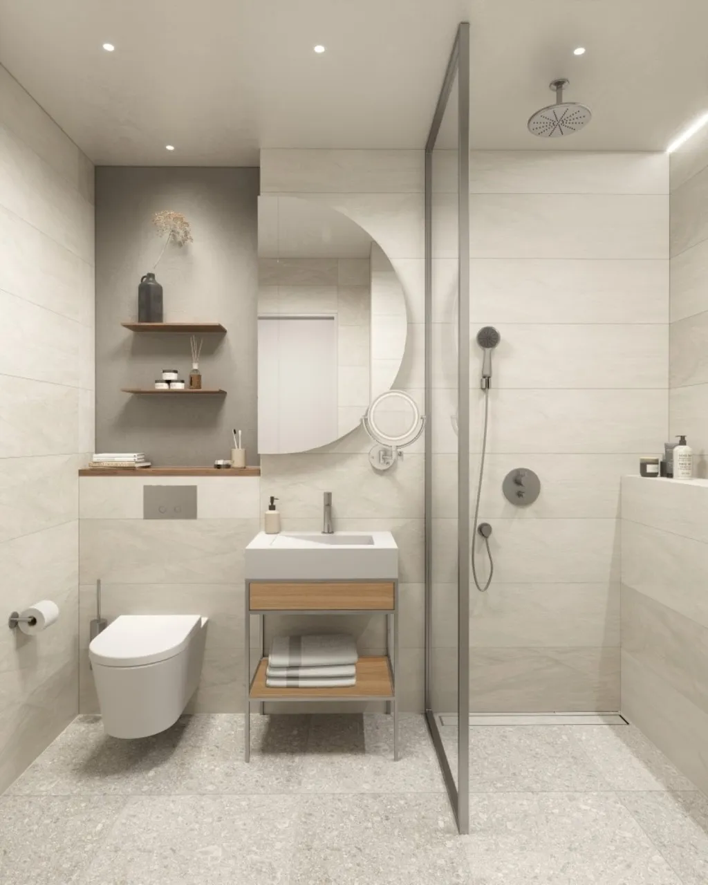 Modern bathroom featuring a wall-mounted toilet, vanity sink with wood accents, and a glass-enclosed shower area.