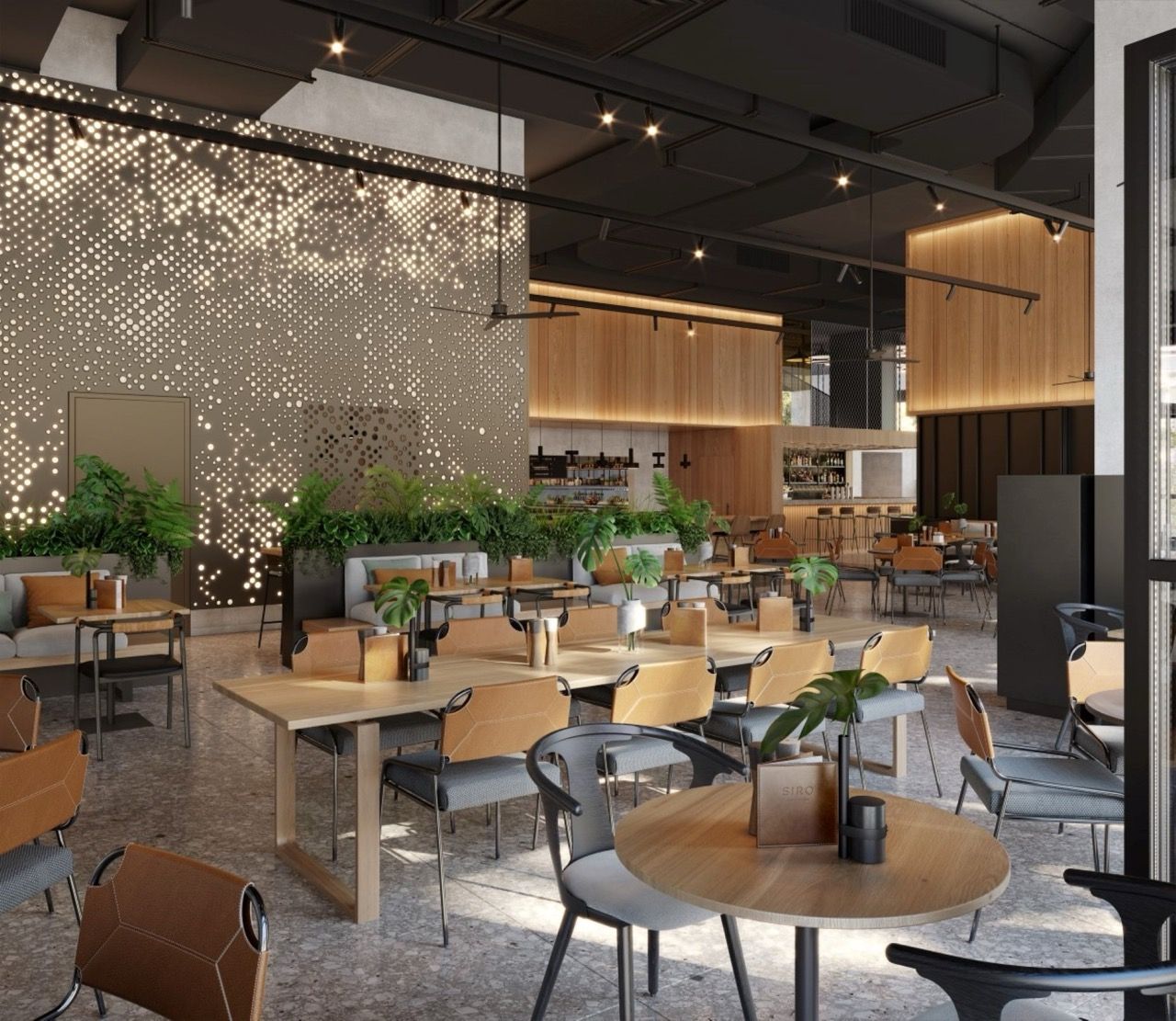 Modern restaurant interior in Porto Montenegro, Tivat: designer lighting, wooden furniture and decor in Montenegro