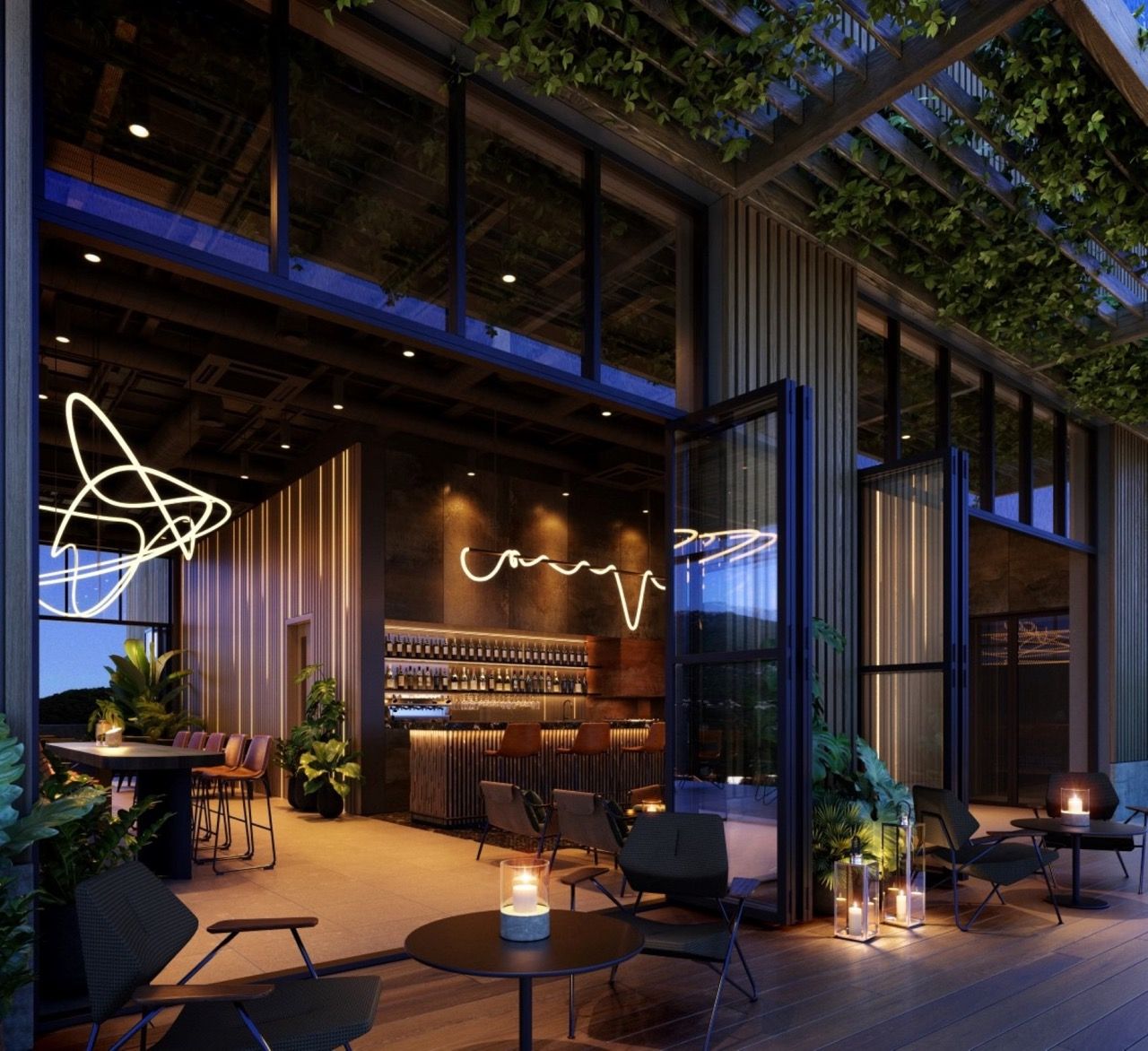 Designer bar with a terrace in Porto Montenegro, Tivat, Montenegro: modern furniture, neon lighting, and decor.