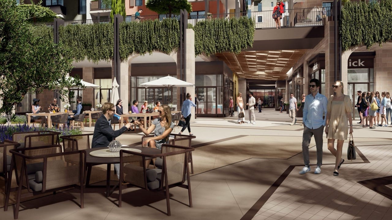Promenade area and café in the Porto Montenegro residential complex, Tivat, Montenegro: modern architecture and terraces.