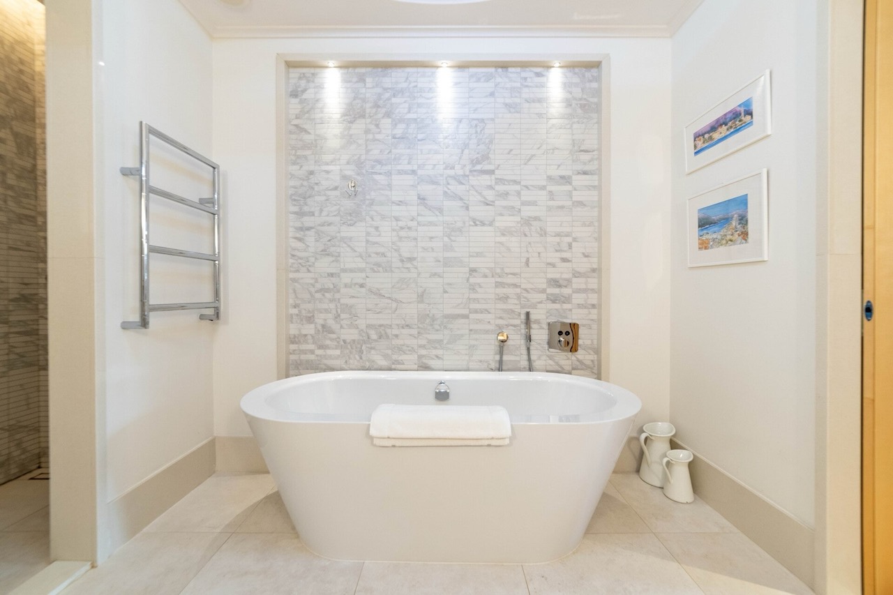 Modern bathroom with a freestanding bathtub in Porto Montenegro apartments, Tivat, Montenegro.