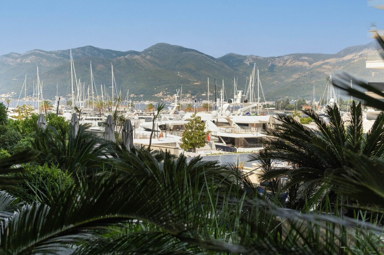 View from the apartment balcony in Porto Montenegro, Tivat, Montenegro: a panoramic yacht marina, palm trees, and mountain scenery.