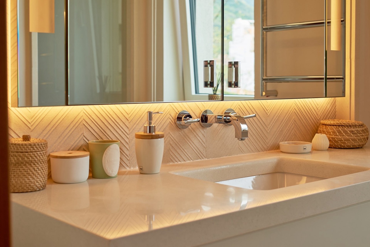 Modern bathroom in an apartment in Porto Montenegro, Tivat, Montenegro: stylish finishes, built-in lighting.