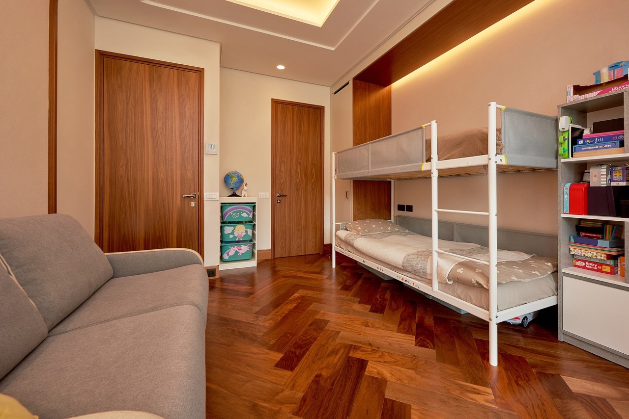 Children’s bedroom with a bunk bed in an apartment, Porto Montenegro, Tivat, Montenegro: parquet flooring and modern design.