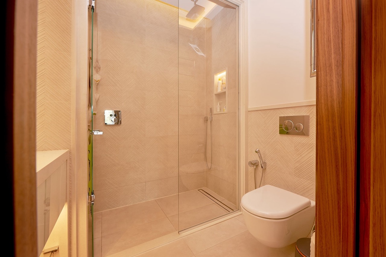 Modern bathroom with a shower cabin in an apartment in Porto Montenegro, Tivat, Montenegro.