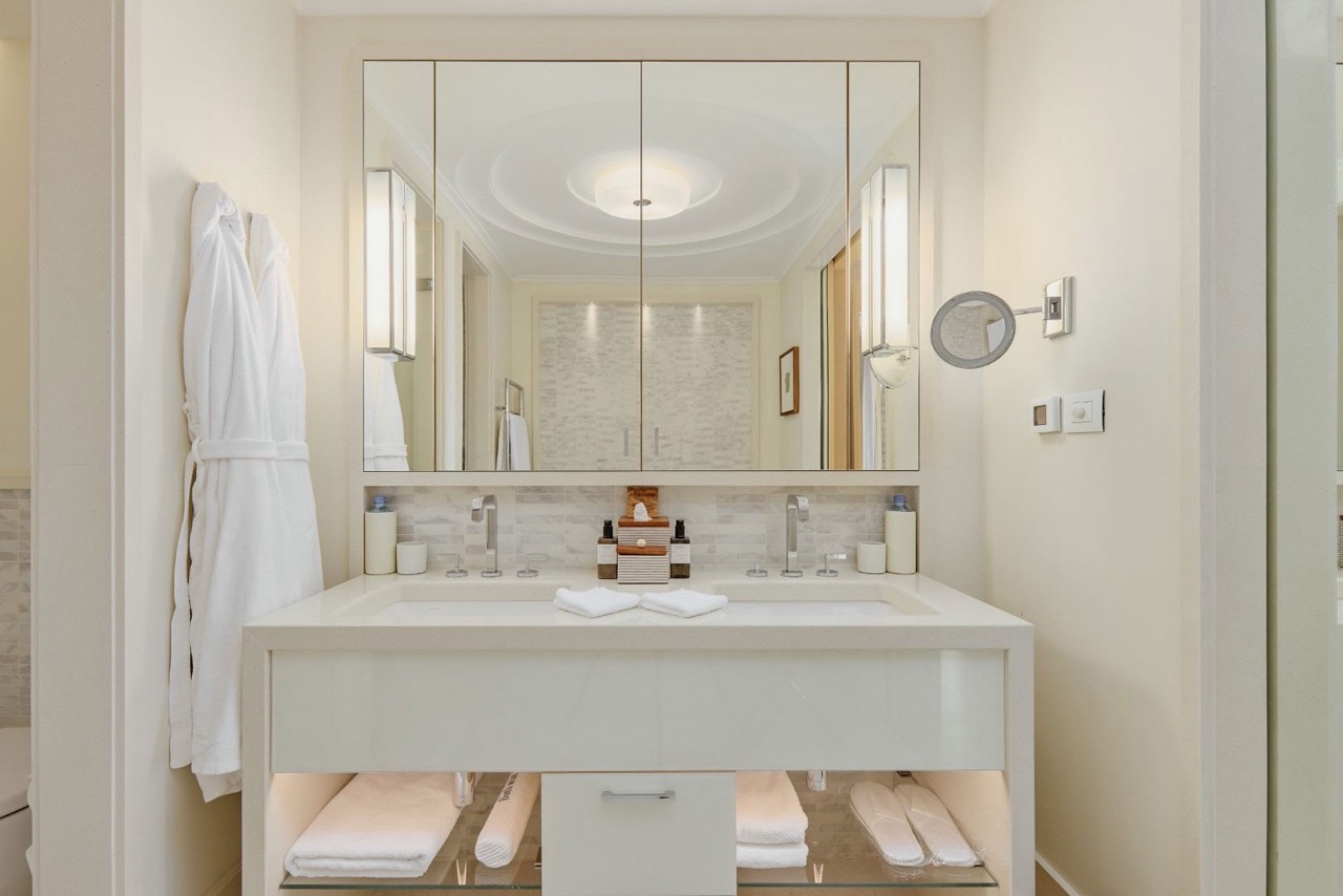 Modern bathroom with double sink in an apartment in Porto Montenegro, Tivat, Montenegro: stylish interior.