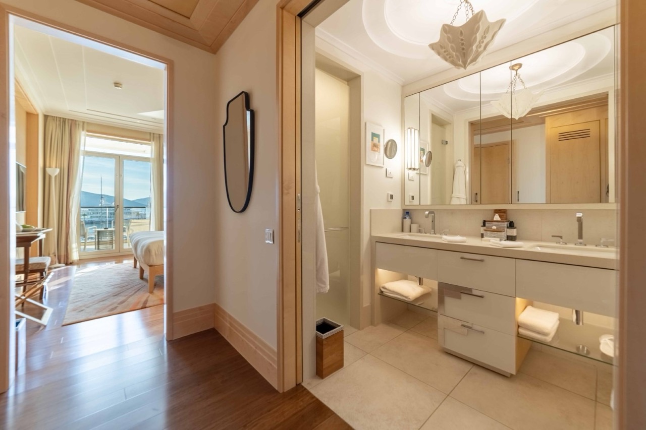 Modern bathroom and marina view in a luxury apartment in Porto Montenegro, Tivat, Montenegro.