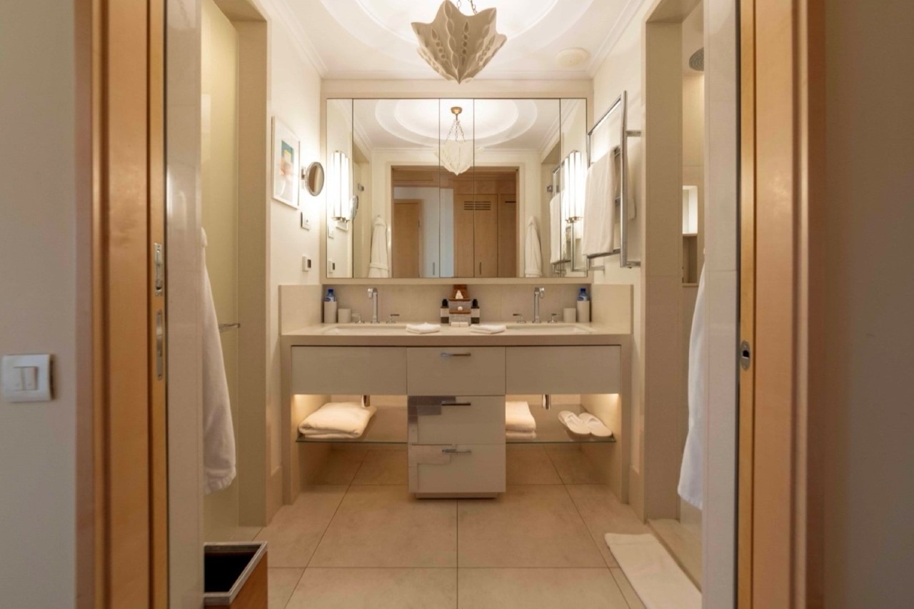 Modern bathroom with two sinks in an apartment in Porto Montenegro, Tivat, Montenegro.