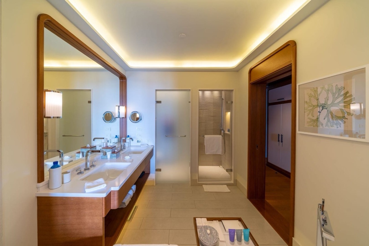 Modern bathroom with two sinks in an apartment in Porto Montenegro, Tivat, Montenegro: stylish interior.