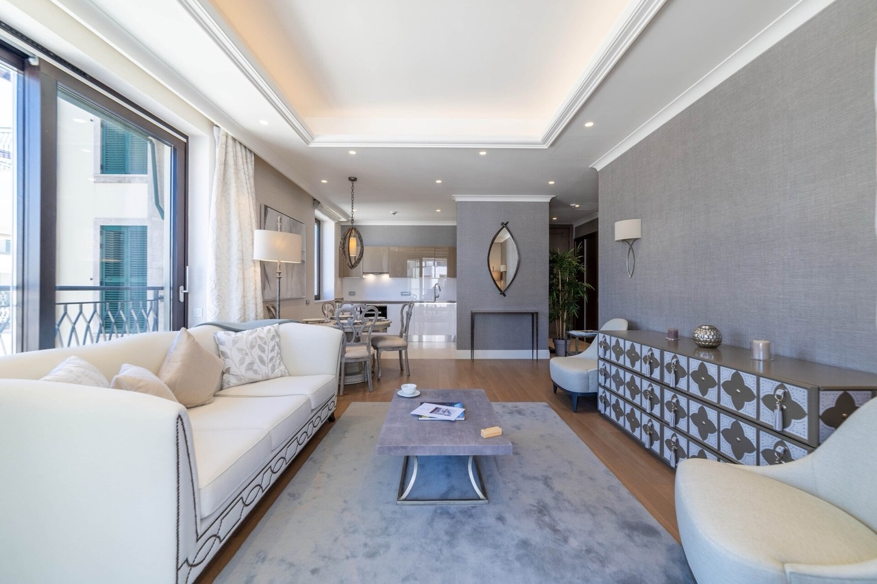 Modern living room with designer furniture in an apartment in the Portonovi complex, Kumbor, Montenegro.