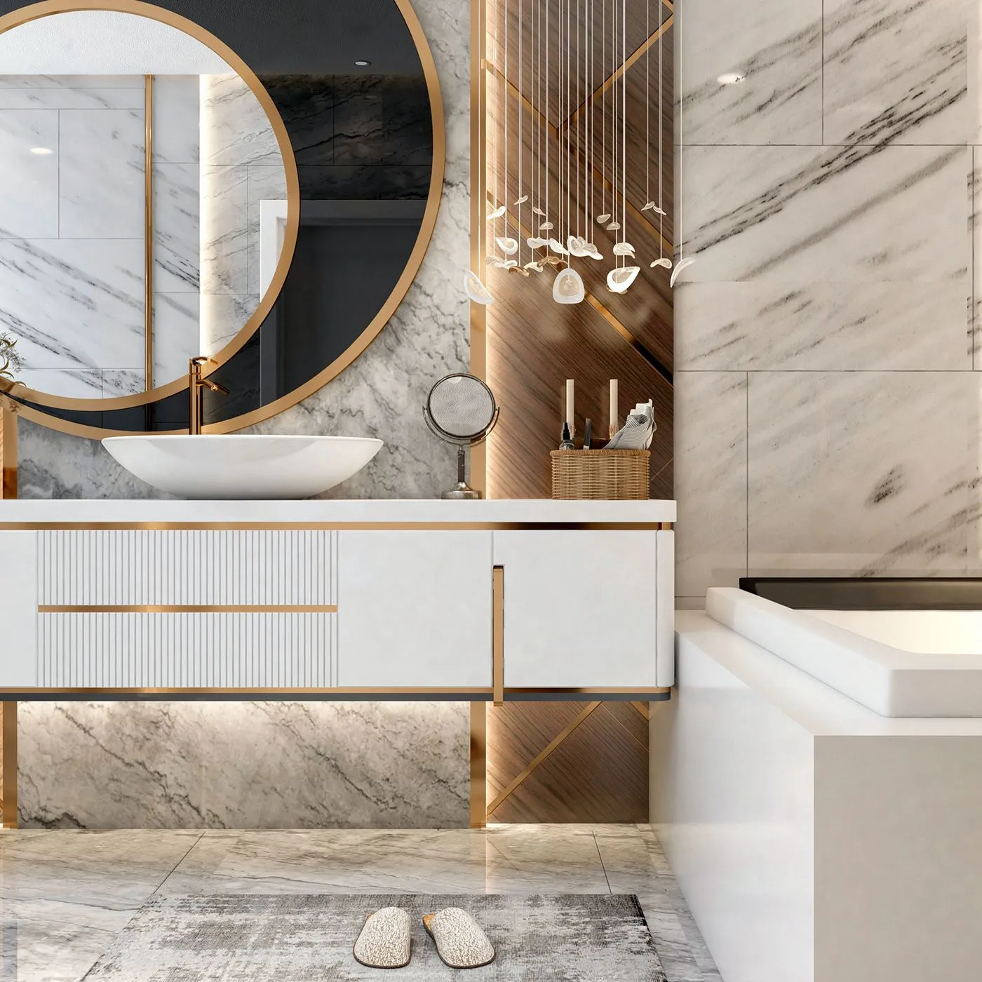 Modern bathroom with marble walls, round gold-framed mirror, floating vanity with vessel sink, and bathtub edge visible.