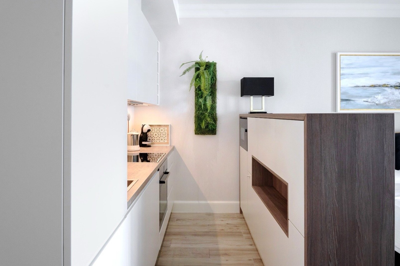 Modern kitchen in an apartment in Luštica Bay, Radovići, Montenegro: white cabinets, wooden countertop, and moss decor.