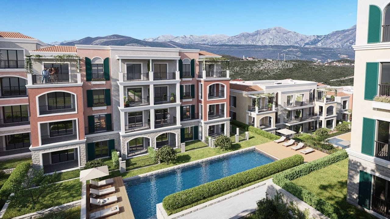 Residential complex in Luštica Bay, Radovići, Montenegro: modern apartments with a pool and mountain views.