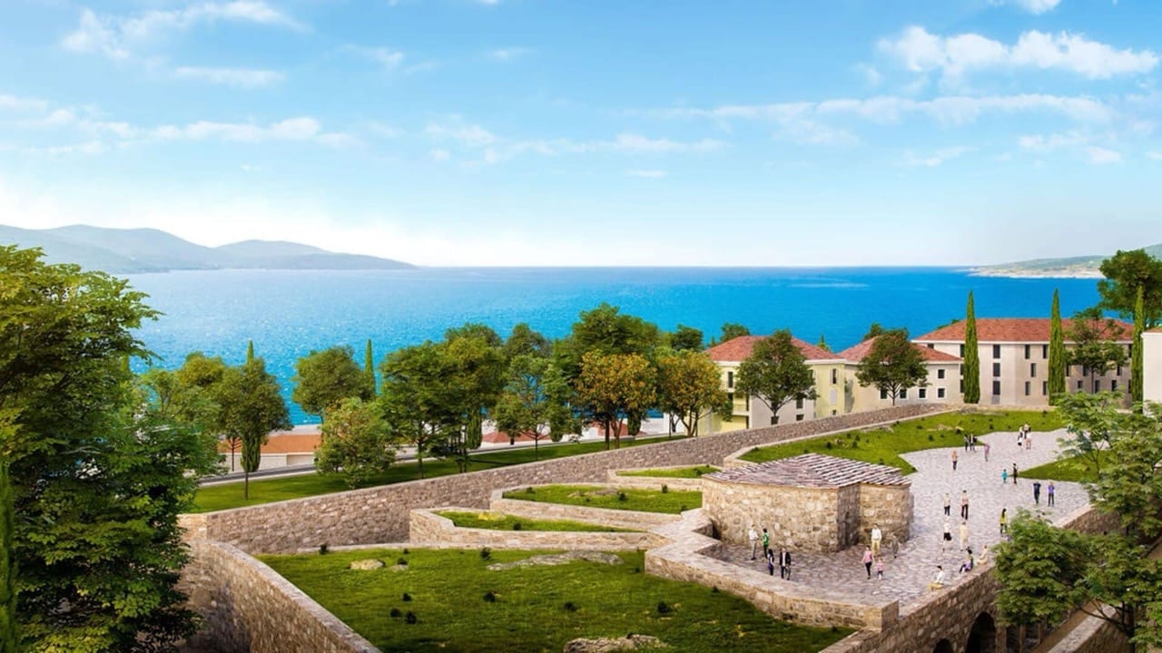 View of the landscaped grounds and the Adriatic Sea in the luxury Luštica Bay complex, Radovići, Montenegro.