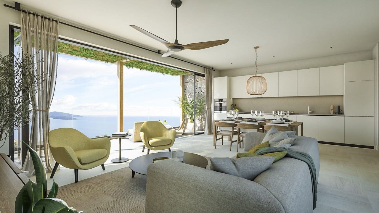 Modern living room with panoramic sea view in an apartment in Luštica Bay, Radovići, Montenegro: stylish furniture and kitchen.