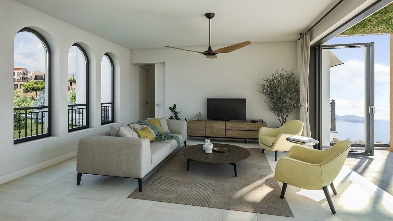 Bright living room with a grey sofa, yellow armchairs, TV on a wooden console, and arched windows overlooking the sea.