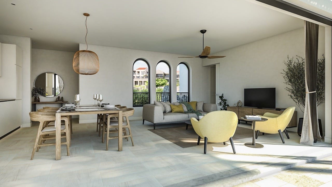 Modern living room with dining area in an apartment in Luštica Bay, Radovići, Montenegro: stylish furniture and arched windows.