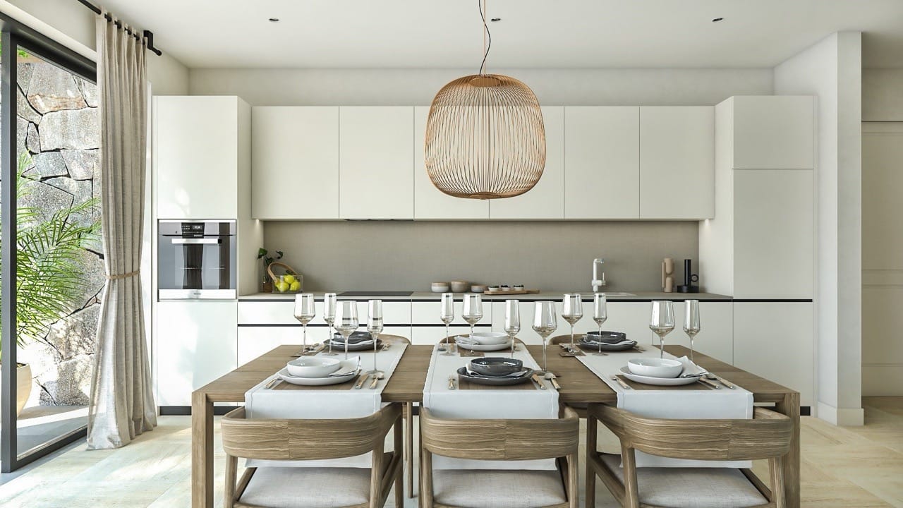 Modern kitchen with white cabinets, wooden dining table set for six, and a rattan pendant light.