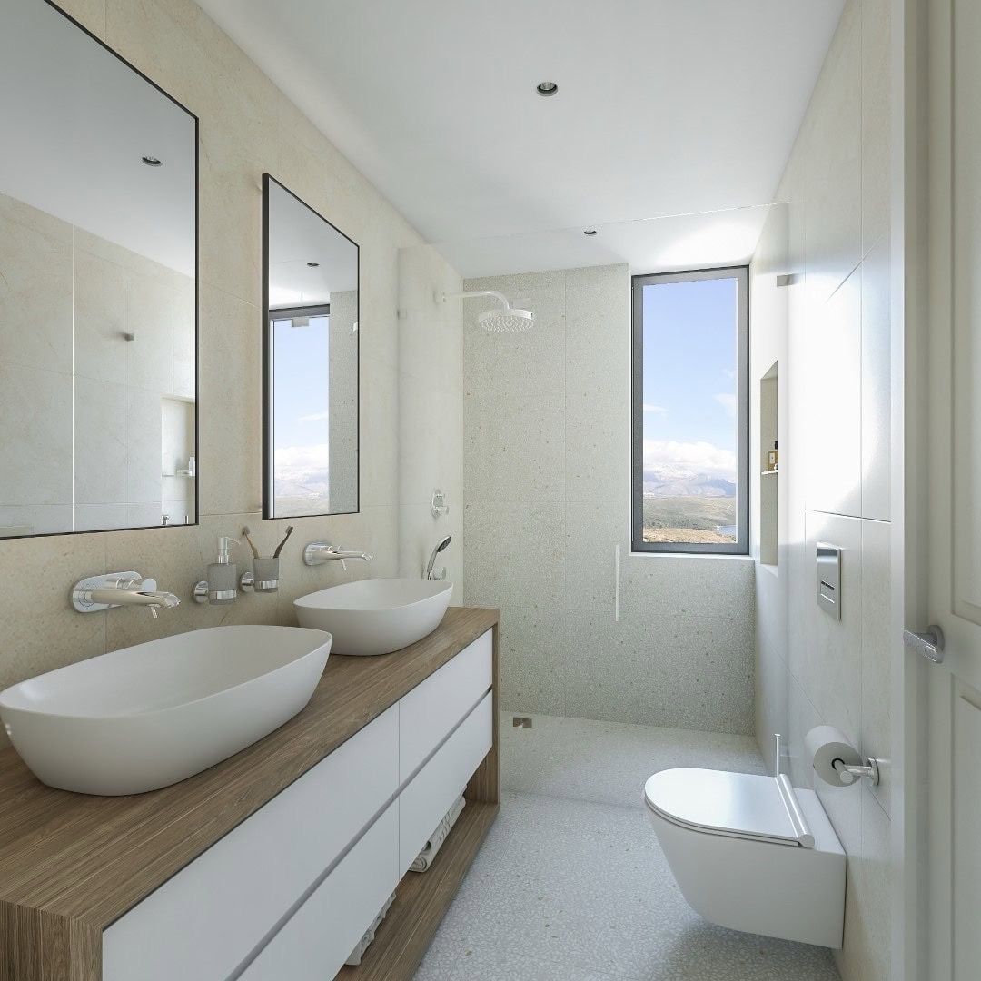Modern bathroom with two sinks in an apartment in Lustica Bay, Radovici, Montenegro: mountain and sea view.