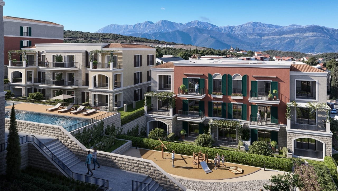 Residential complex in Luštica Bay, Radovići, Montenegro: modern apartments with a pool, terraces, and a playground.