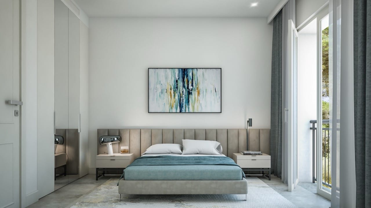 Modern bedroom featuring a double bed with teal bedding, nightstands, lamps, and abstract wall art.