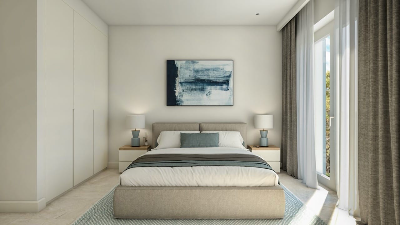 Modern bedroom in an apartment in Lustica Bay, Radovici, Montenegro: double bed, built-in wardrobe, and panoramic window.