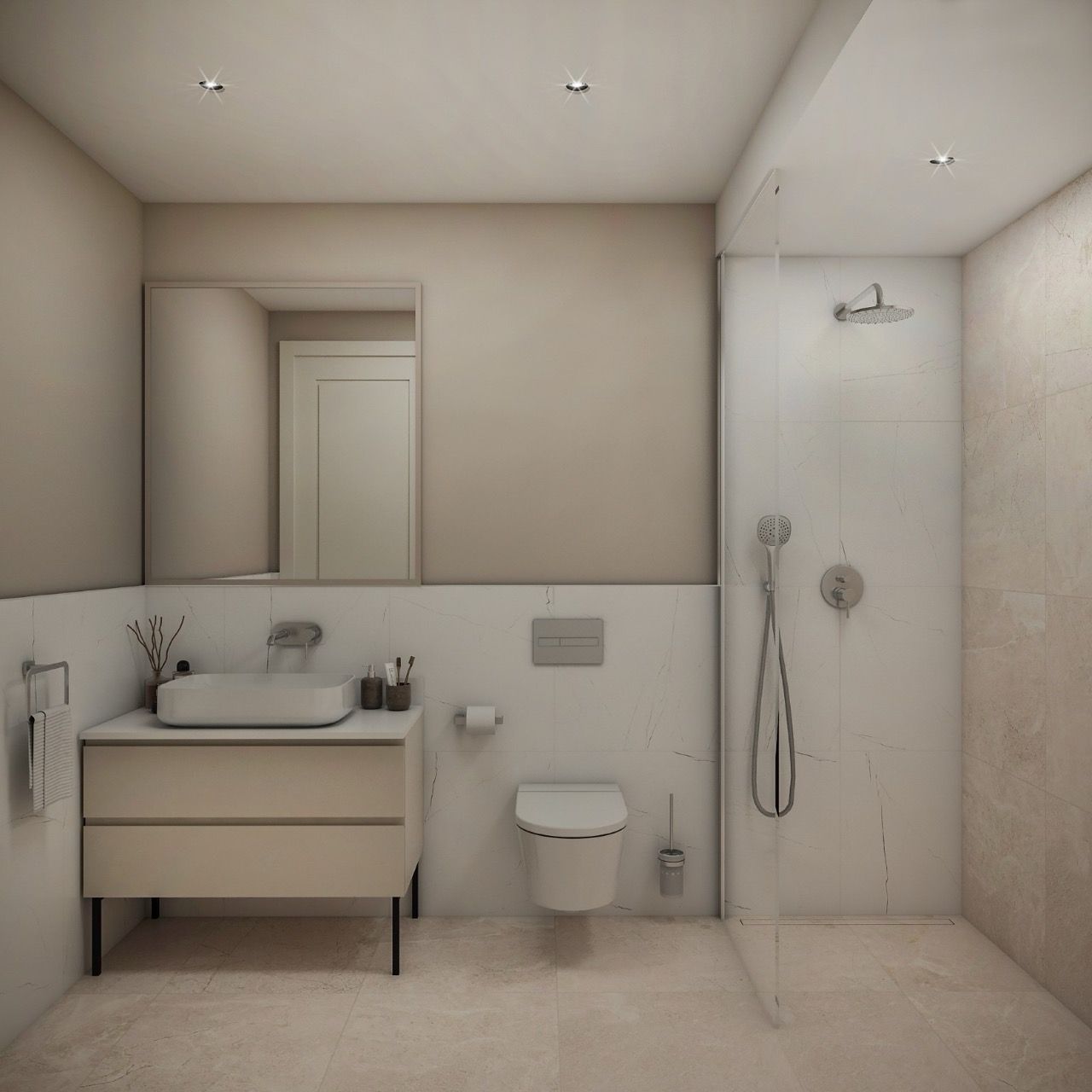 Modern bathroom in an apartment in Luštica Bay, Radovići, Montenegro: shower, wall-mounted toilet, and vanity with sink.