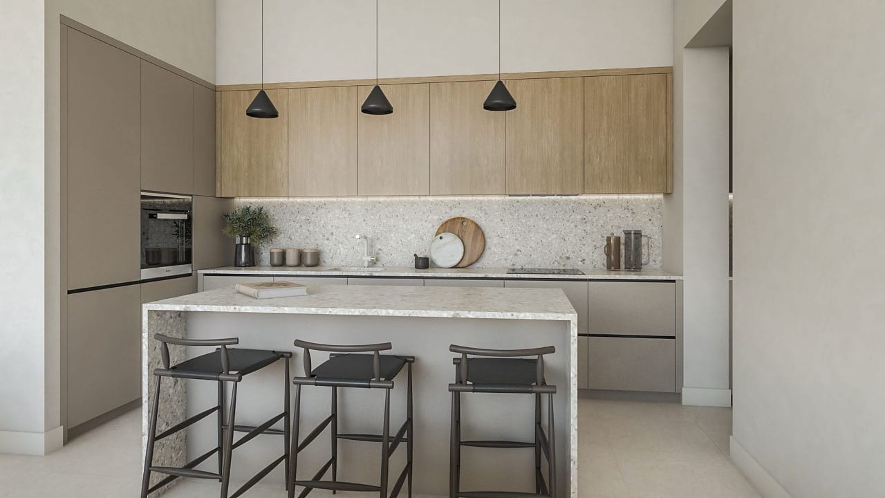 Modern kitchen with island and bar stools in a villa in Luštica Bay, Radovići, Montenegro. Designer interior.
