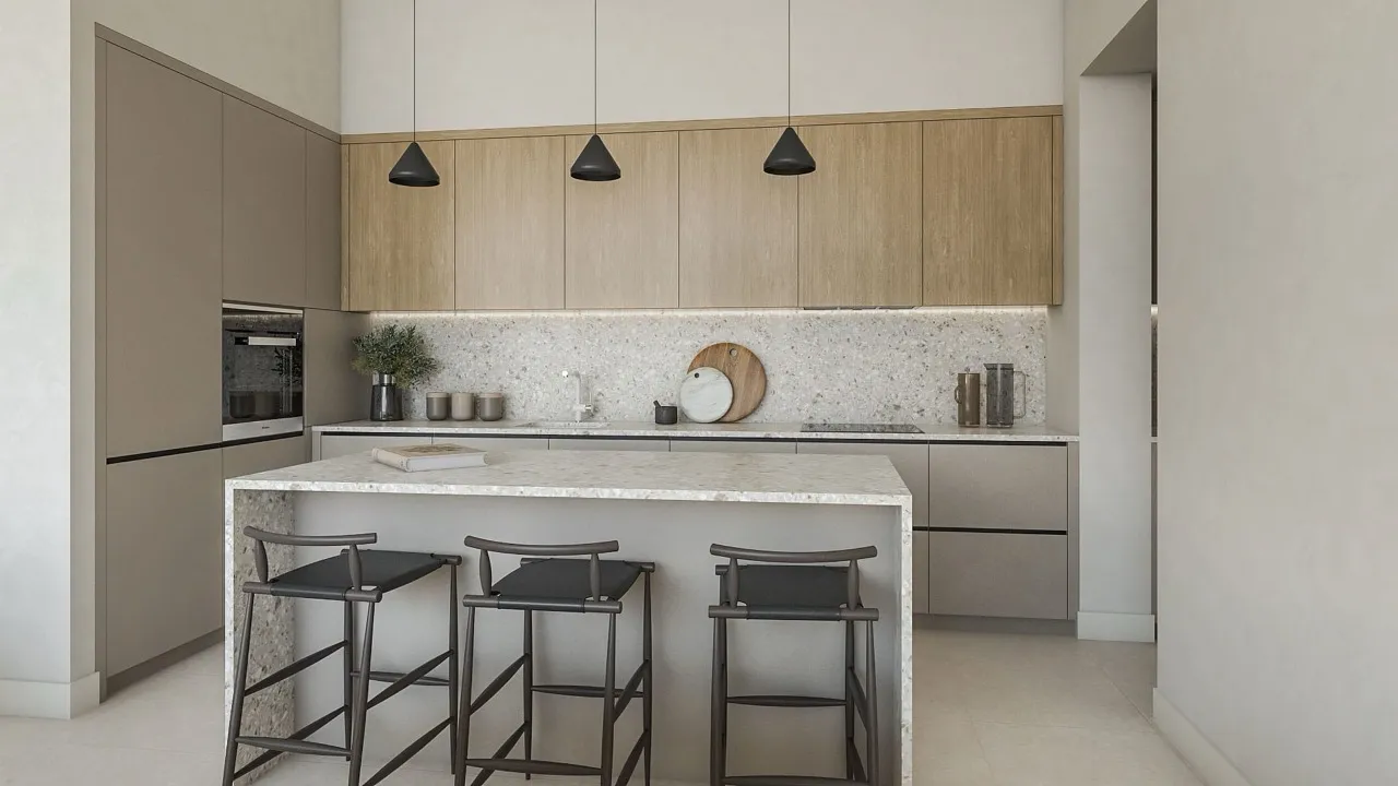 Modern kitchen featuring wood cabinets, a stone island, bar stools, and black pendant lights.