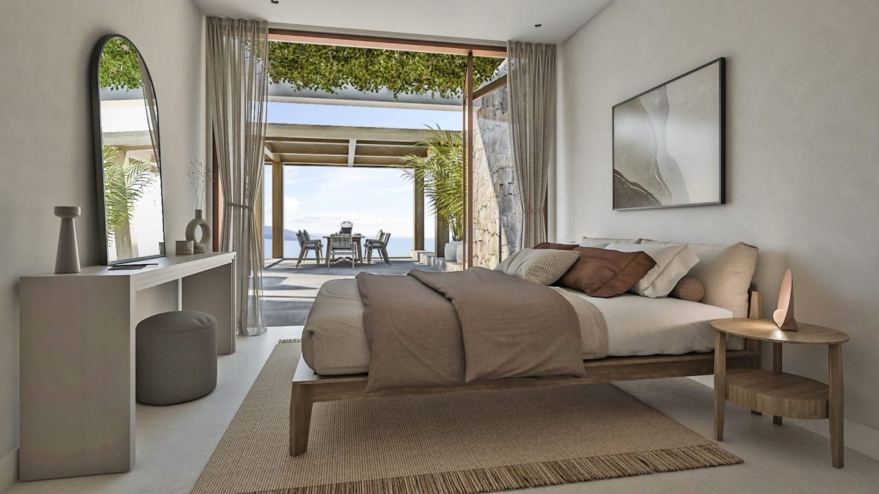 Modern bedroom in a villa in Luštica Bay, Radovići, Montenegro, with access to the terrace and sea view.