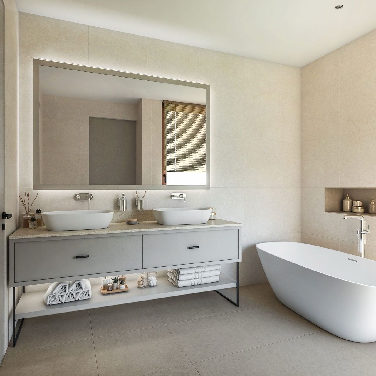 Modern bathroom with a freestanding bathtub and double vanity in a villa in Luštica Bay, Radovići, Montenegro