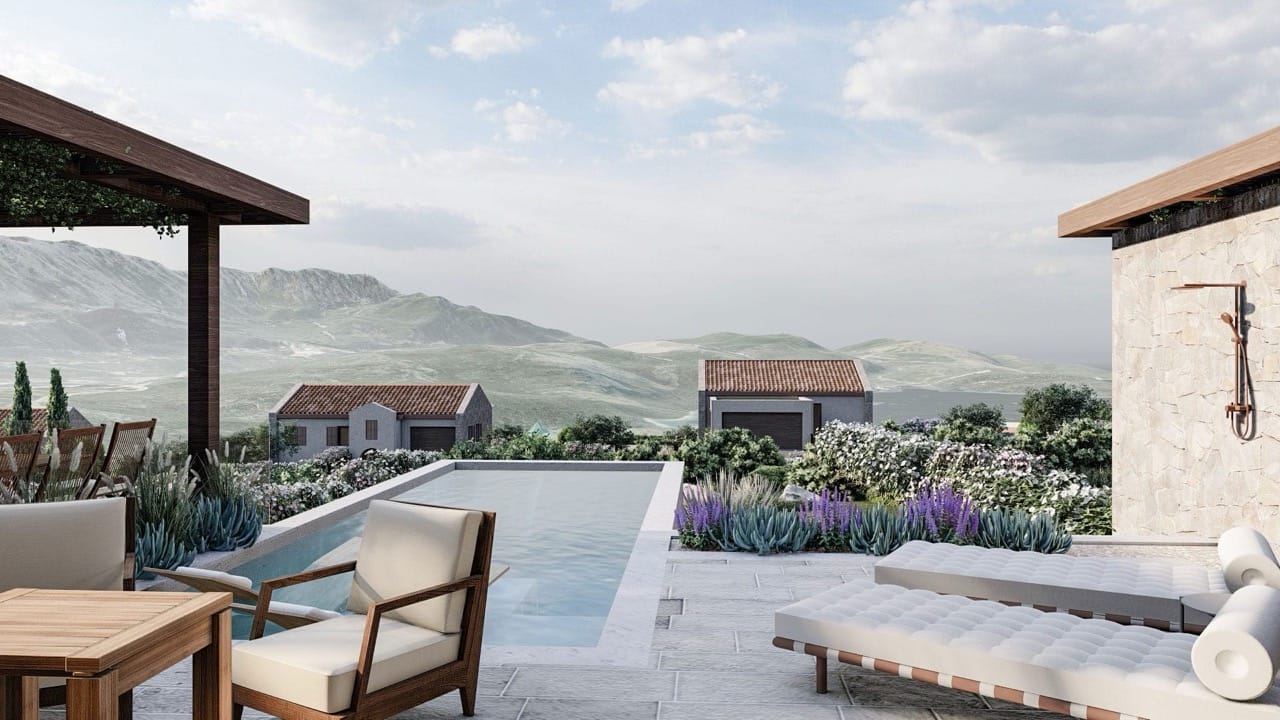 Villa terrace in Luštica Bay, Montenegro: pool, sun loungers, stone finishes, and panoramic views of the mountains and Radovići.