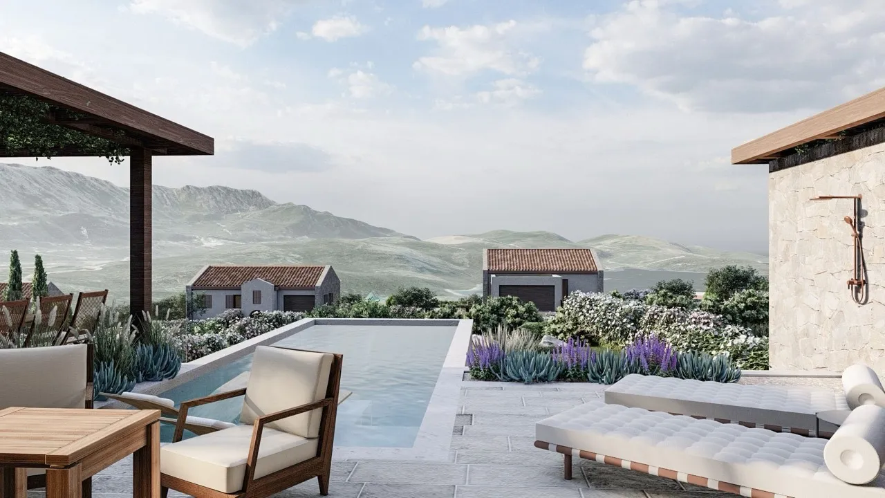 Open terrace with a pool, sun loungers, and a view of mountains and gardens.