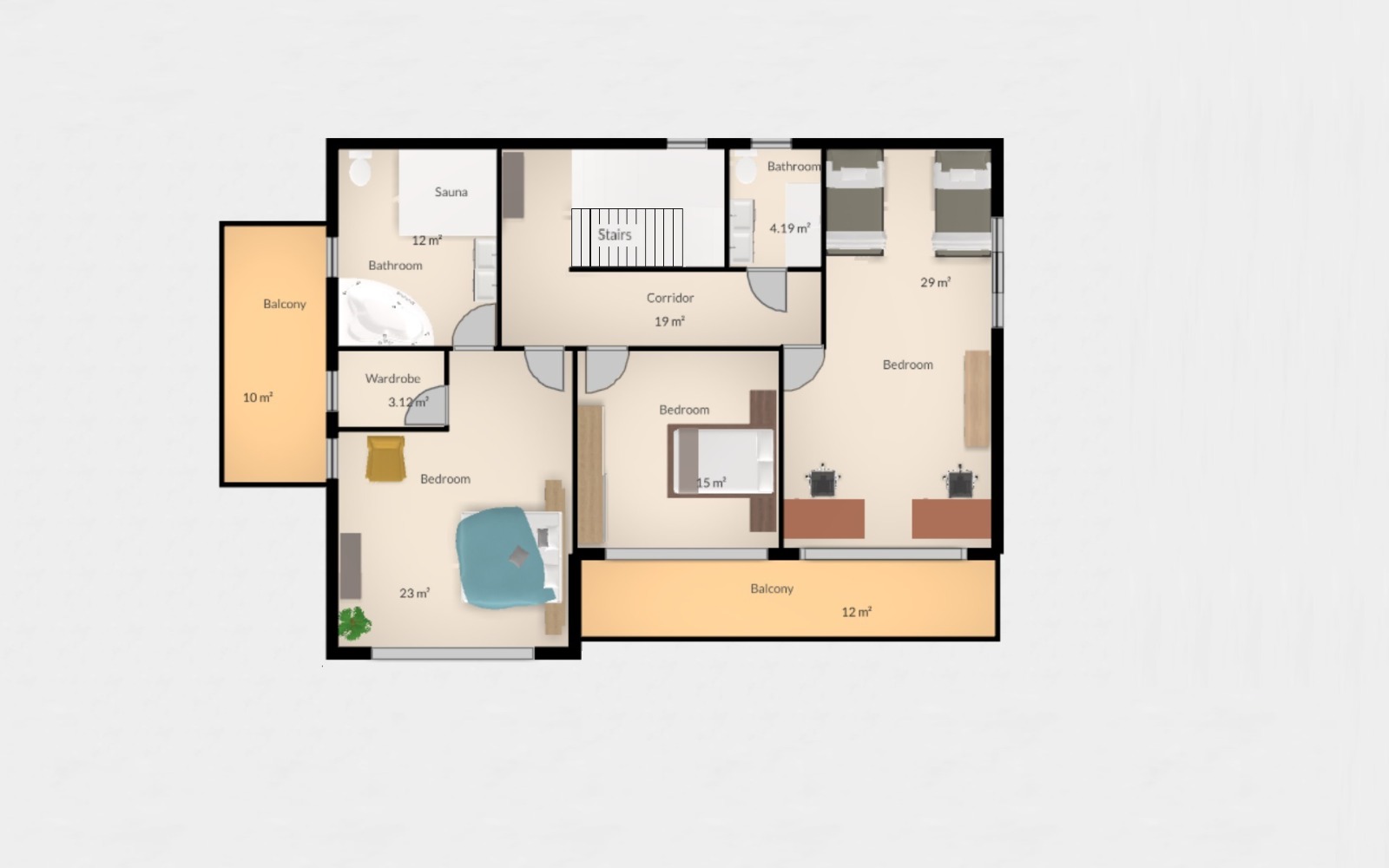 Villa floor plan in Bar, Montenegro: three bedrooms, sauna, two bathrooms, a walk-in closet, and two balconies.