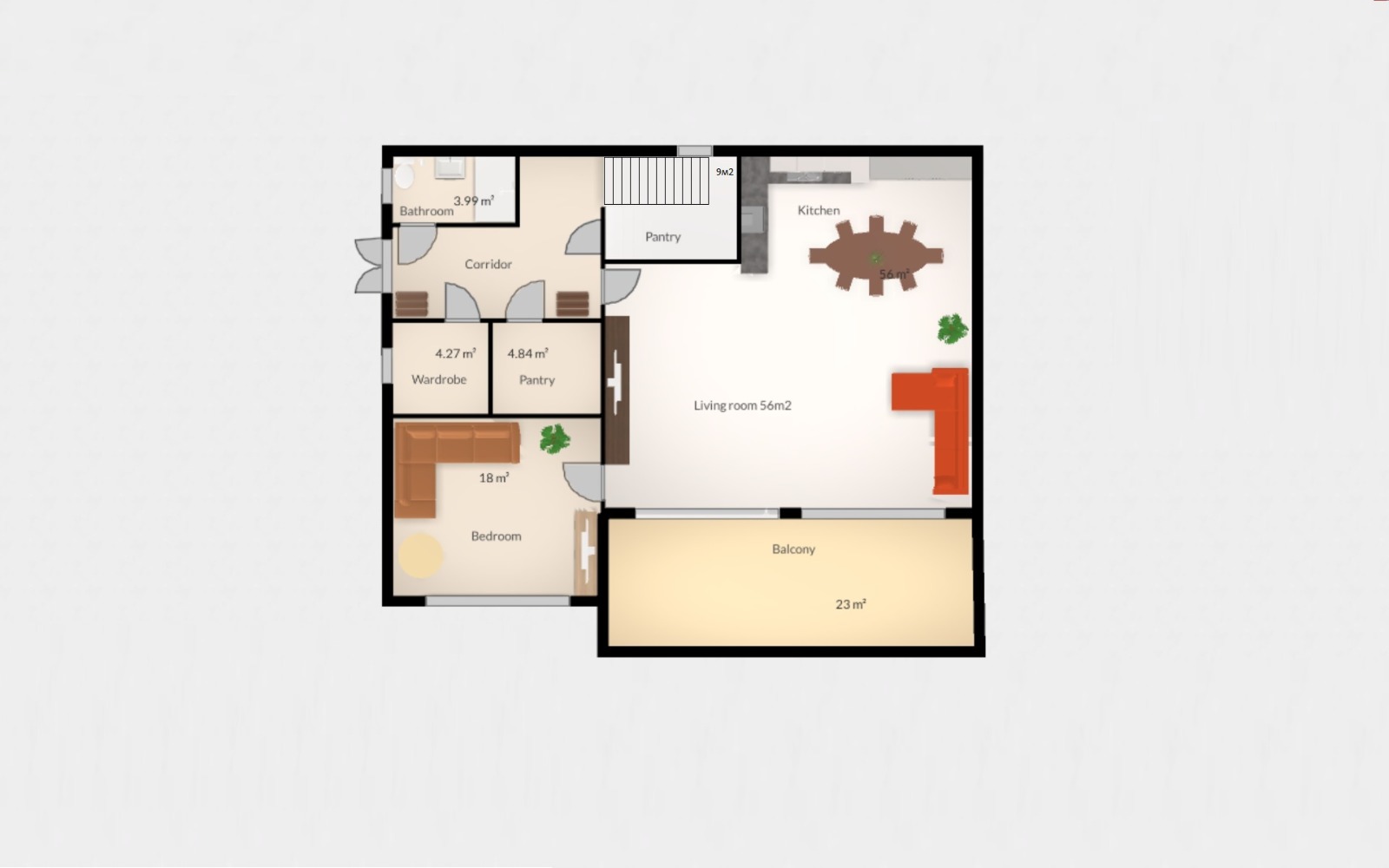 Villa layout in Bar, Montenegro: 56 m² living room, bedroom, walk-in closet, kitchen, and a 23 m² balcony with furniture.