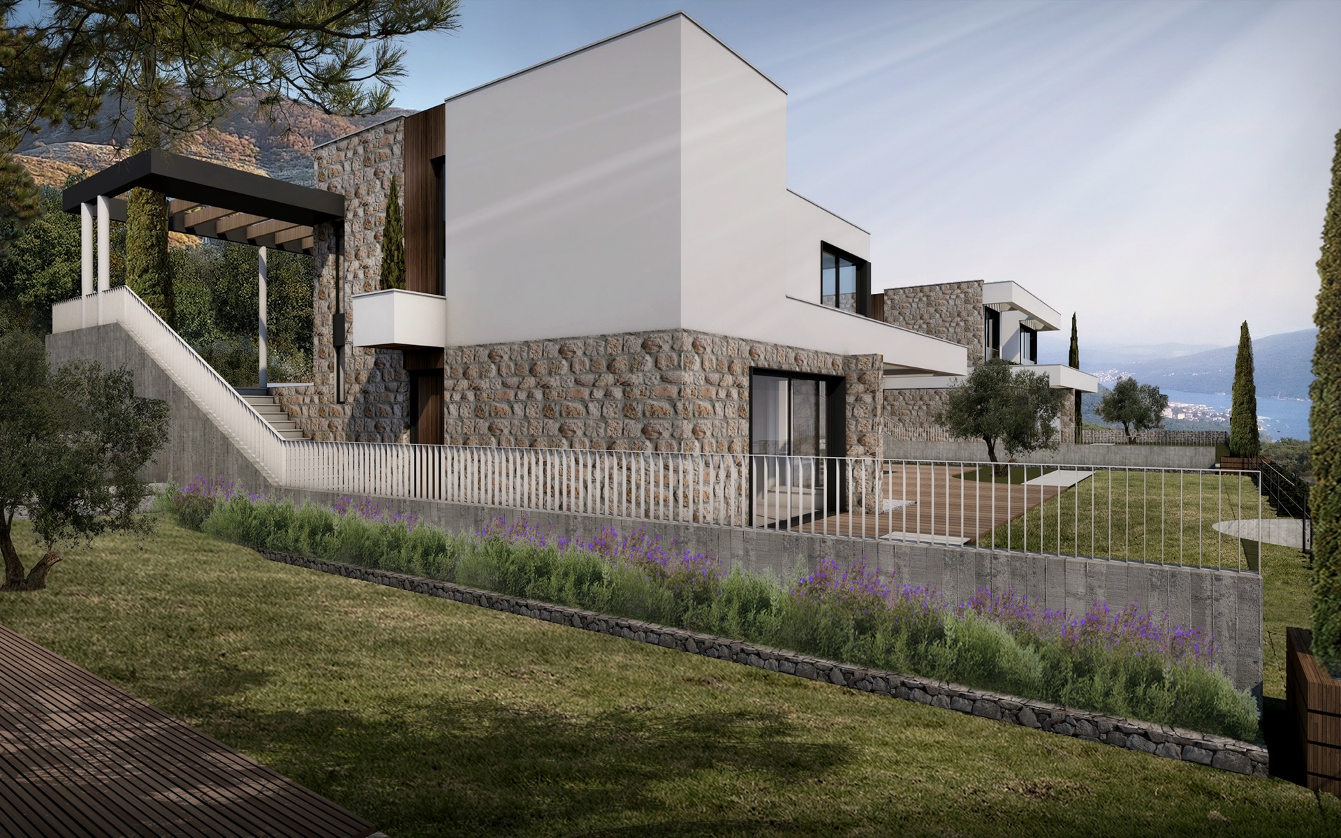 Modern villa with stone finishes and panoramic sea views in a residential complex, Herceg Novi, Montenegro.