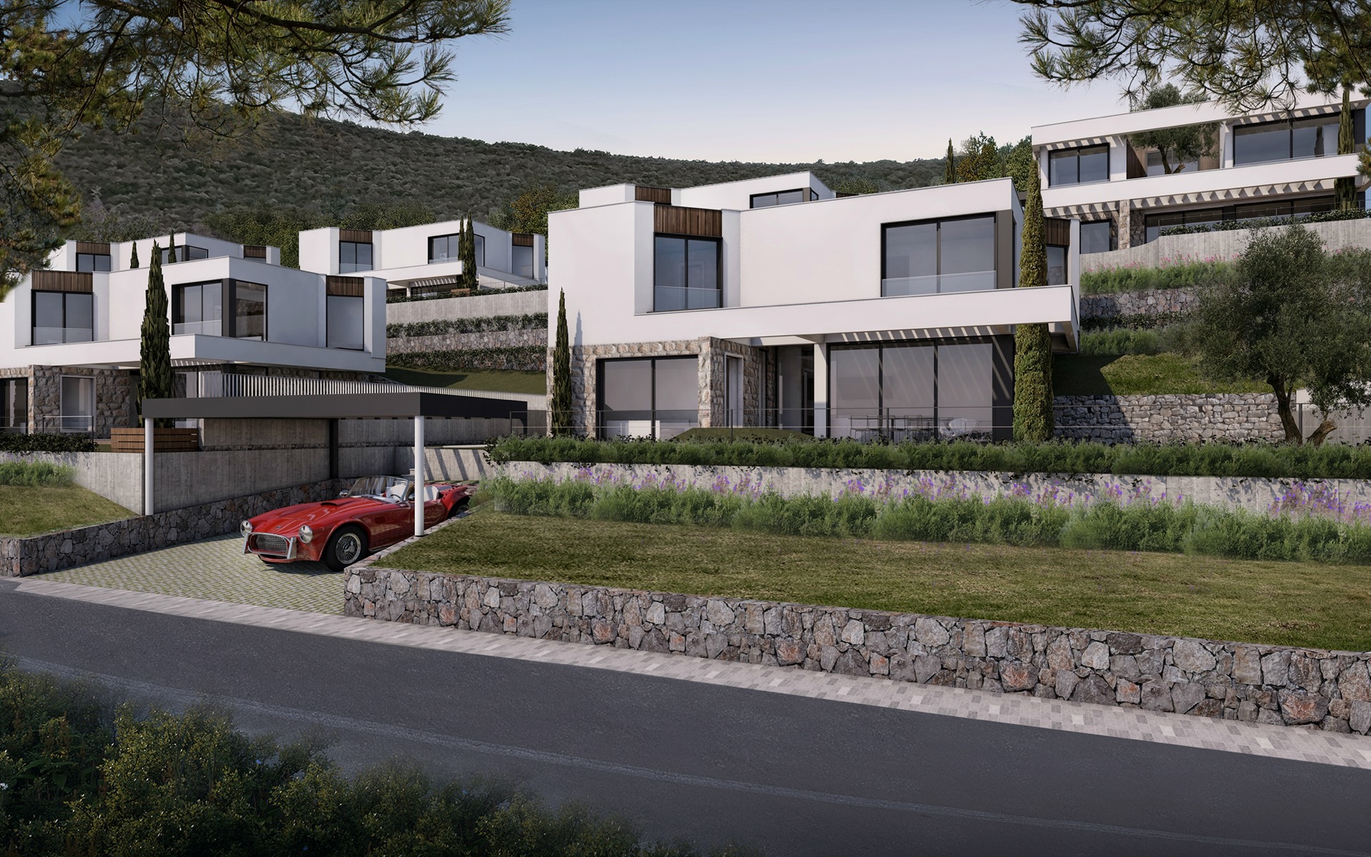 Modern villas with panoramic windows and parking in an upscale residential complex, Herceg Novi, Montenegro.
