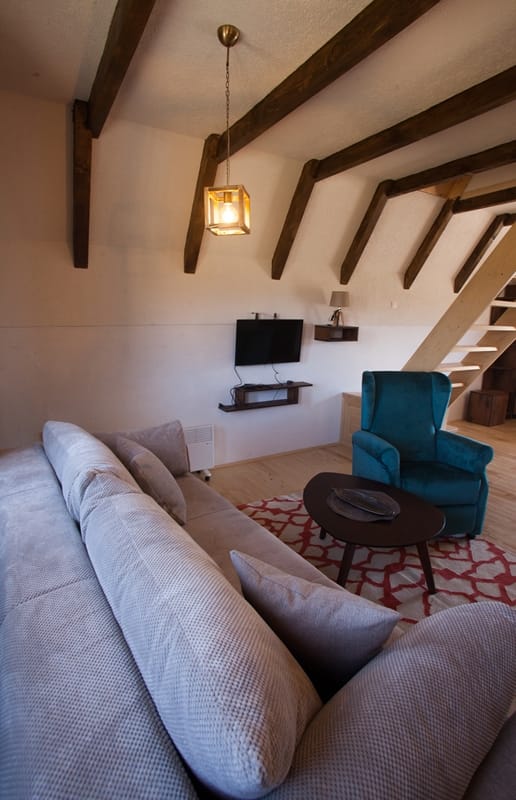 Living room with grey sofa, blue armchair, TV, and wooden ceiling beams under a sloped roof.
