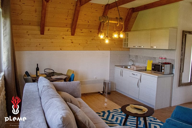 Cozy living room with kitchen in a house, Žabljak, Montenegro: wooden ceiling finish, a soft sofa, and stylish lighting.