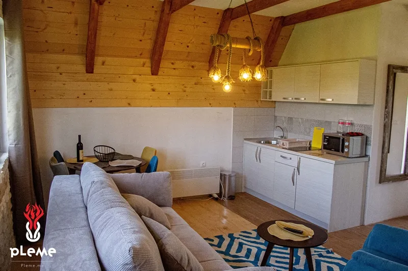 Living room with a grey sofa and an open kitchen area under a wooden ceiling.