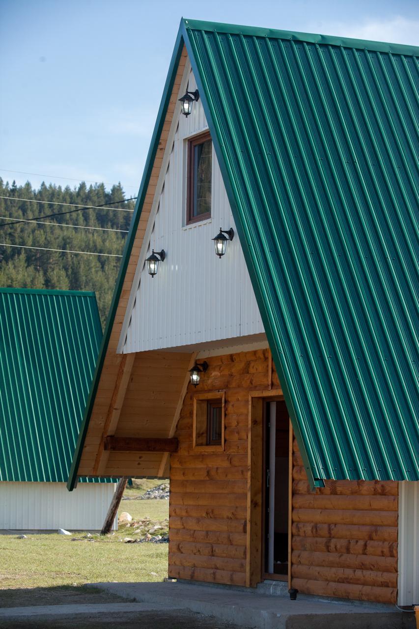 Exterior of a wooden house with a green metal roof and wall lanterns against a forest backdrop.