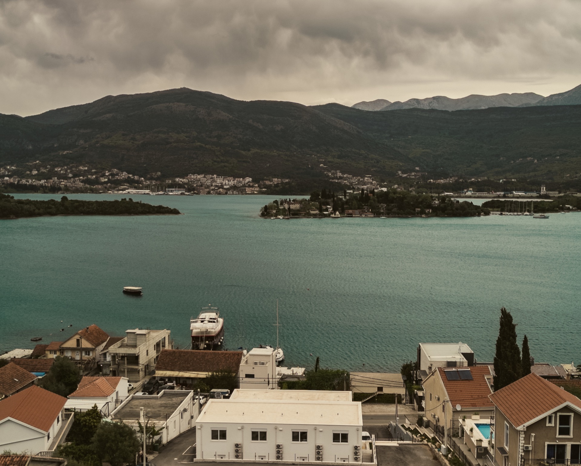 Panoramic view of Tivat Bay and the Island of Flowers from a plot of land in Đuraševići, Luštica, Montenegro.