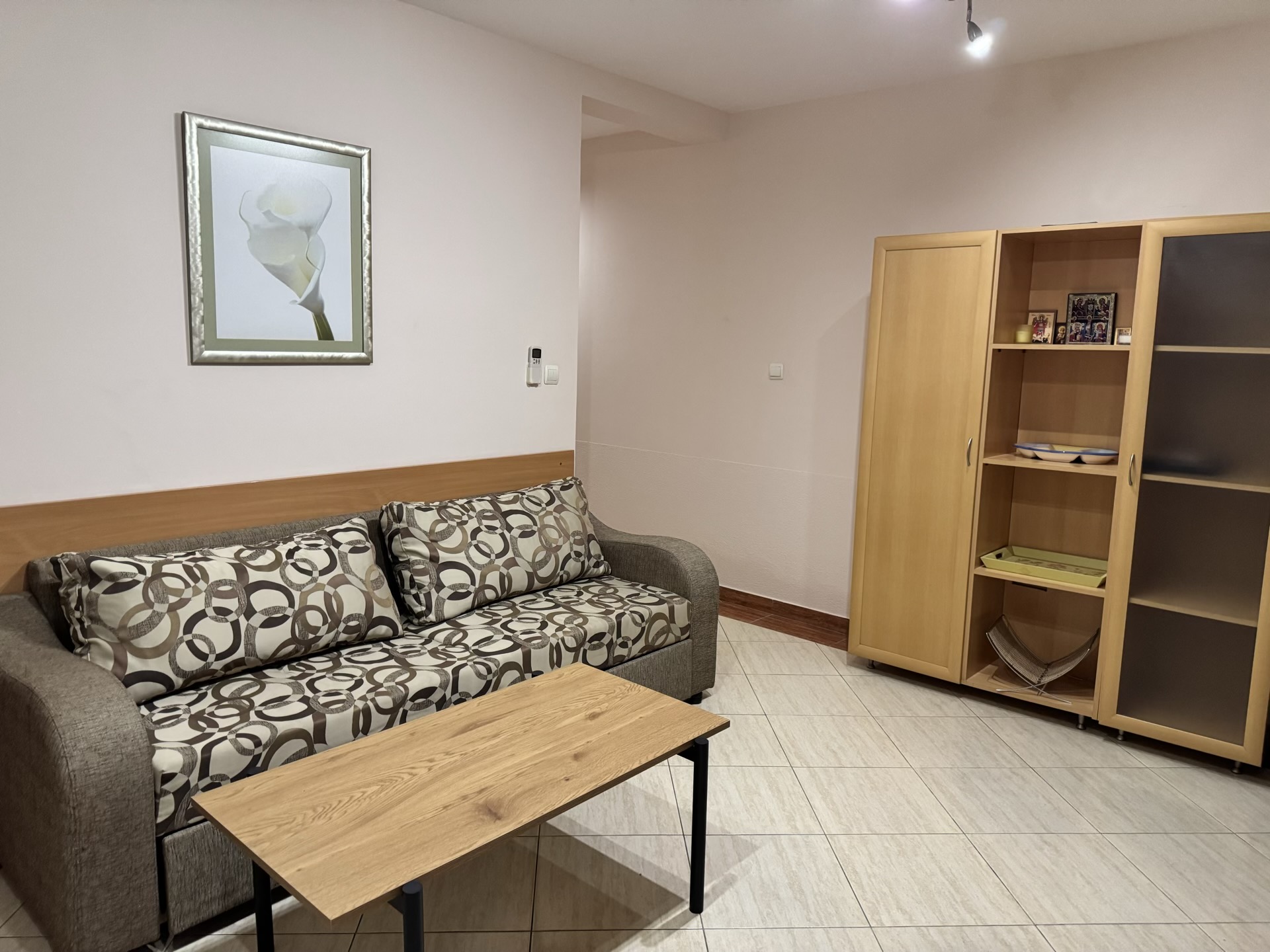 Living room in an apartment in Budva, Montenegro: a patterned sofa, a wooden coffee table, and a shelving unit in the interior.