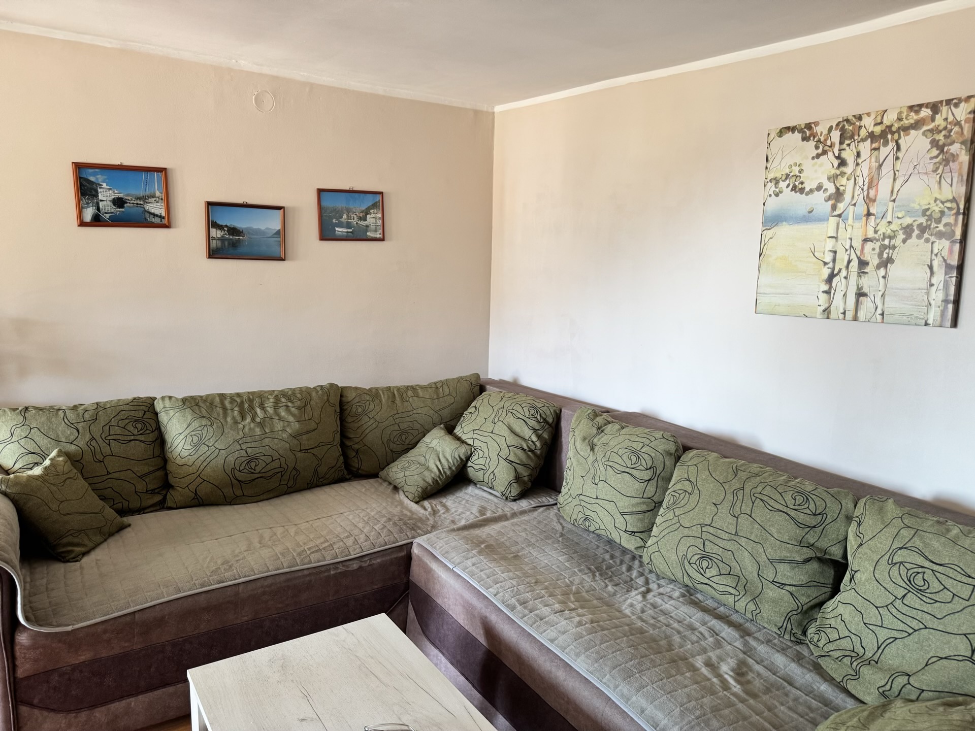 Cozy living room with an L-shaped sofa in an apartment in Bečići, Montenegro: bright interior, decor, and paintings on the walls.