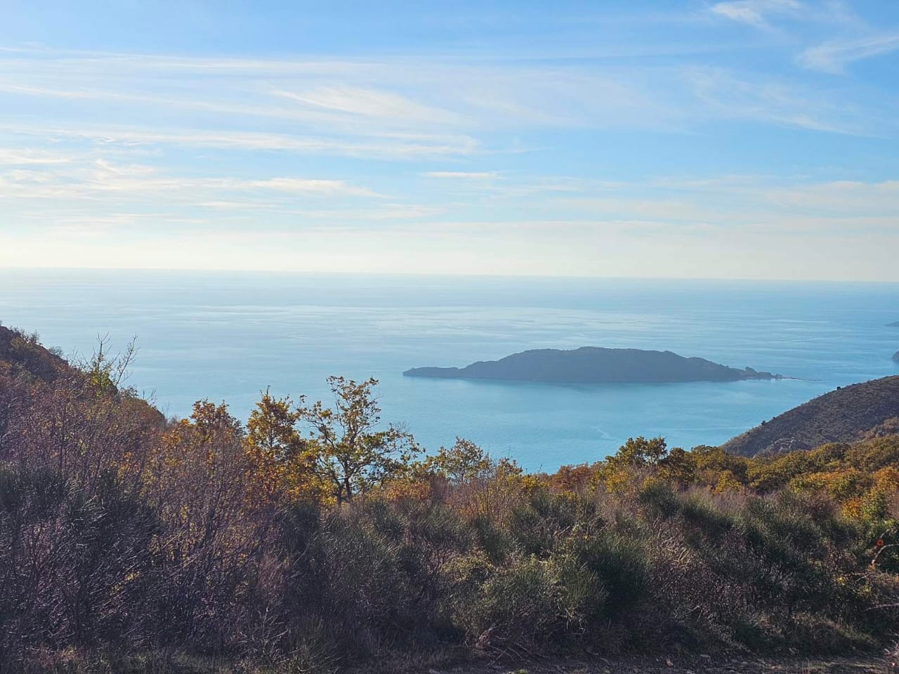 Panoramic view of the sea and St. Nicholas Island from a plot of land in Kuljače, Budva Riviera, Montenegro.