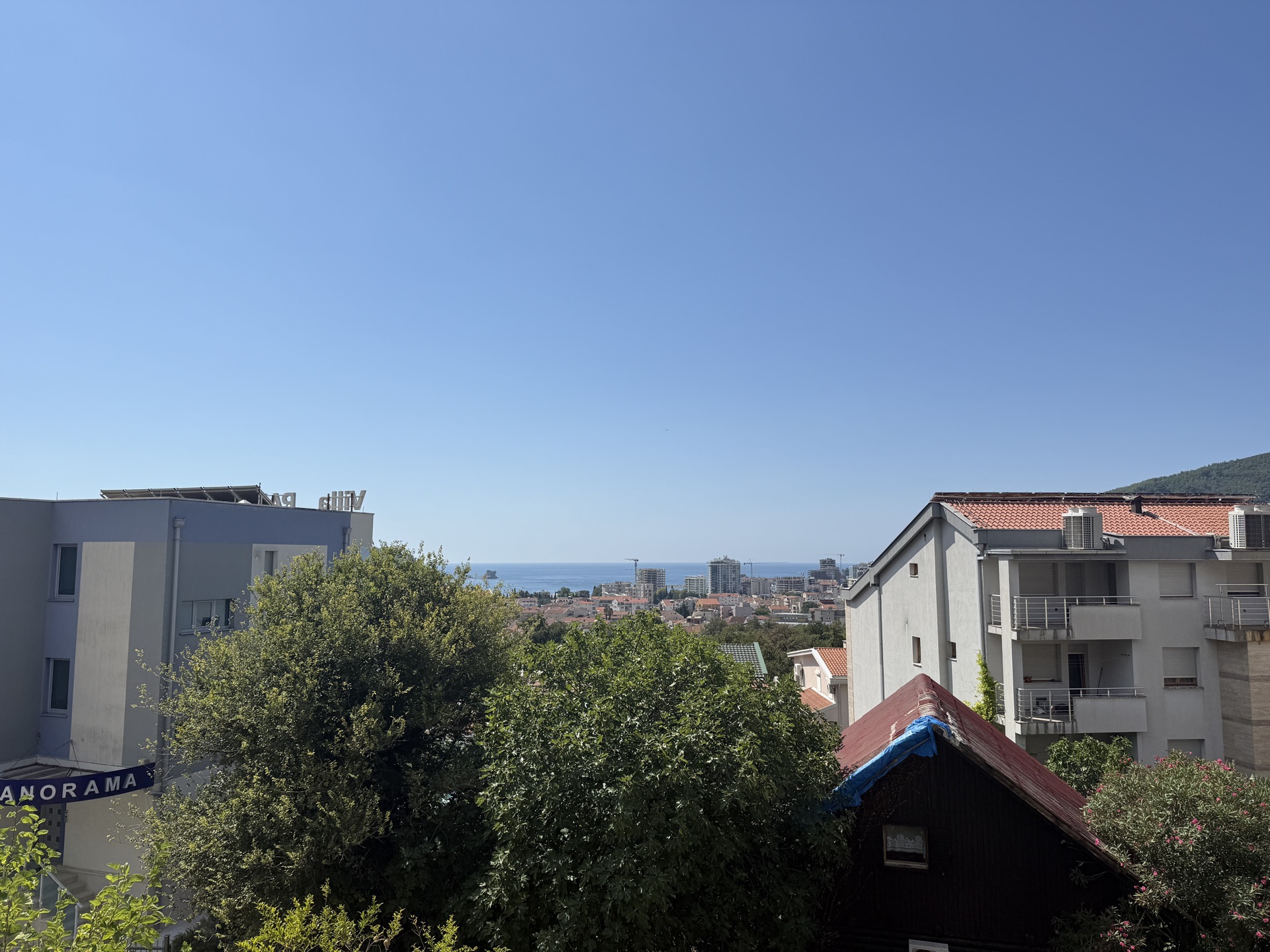 Panoramic view of the sea and the city of Budva, Montenegro, from the apartment window with green trees in the foreground.