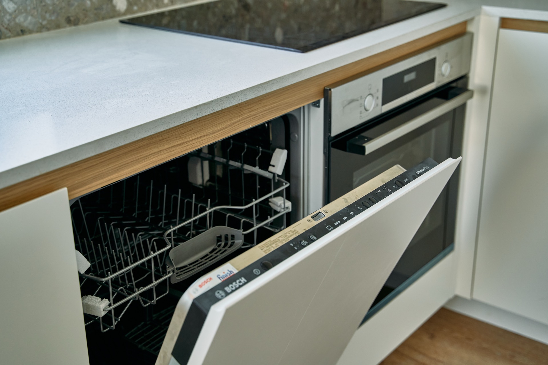 Modern kitchen with built-in Bosch appliances in an apartment in Porto Montenegro, Tivat, Montenegro.
