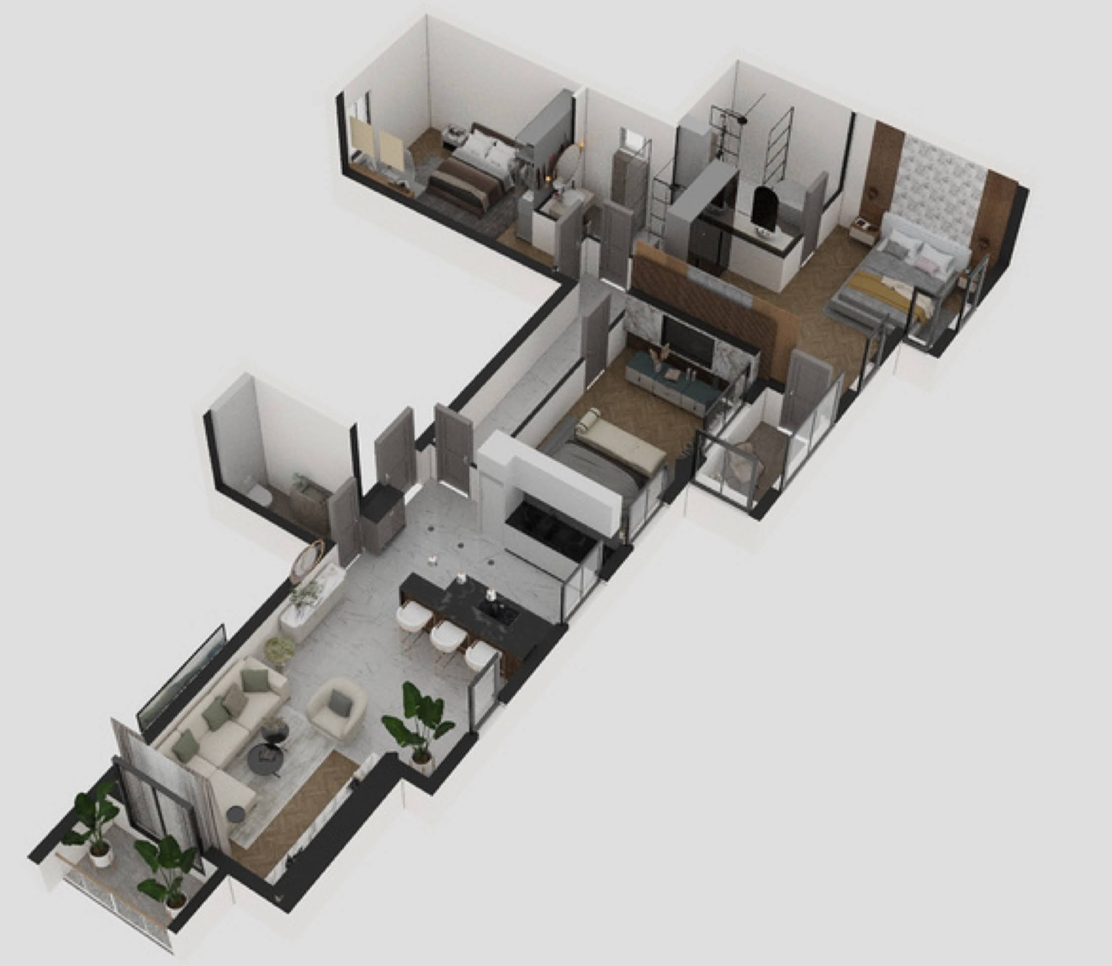 3D floor plan of an apartment in Becici residential complex, Montenegro: living room with kitchen, two bedrooms, two bathrooms, and a furnished terrace.